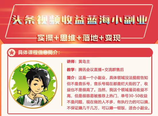 黄岛主·头条视频蓝海小领域副业项目，单号30-50收益不是问题￼-主题库网创