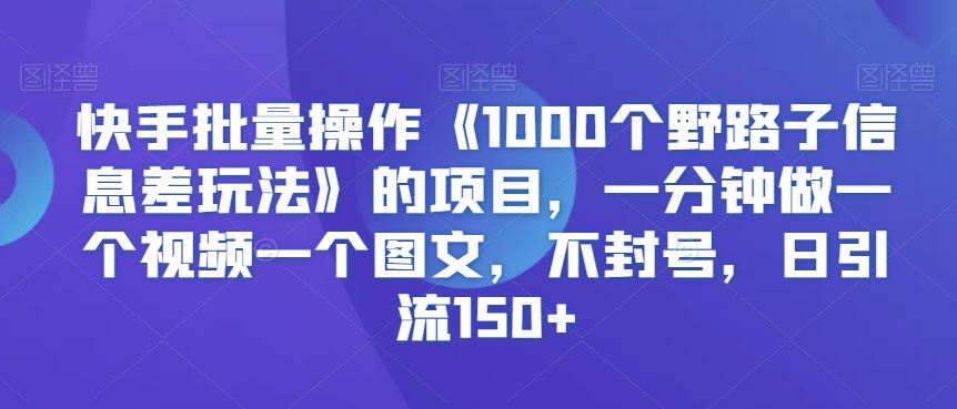 快手批量操作《1000个野路子信息差玩法》的项目，一分钟做一个视频一个图文，不封号，日引流150+【揭秘】-主题库网创