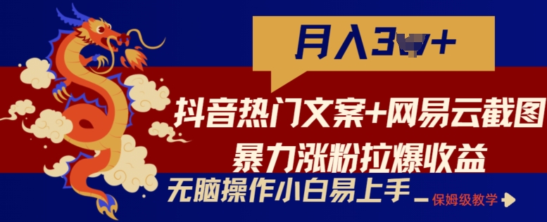 抖音热门文案+网易云截图暴力涨粉拉爆收益玩法，小白无脑操作，简单易上手-主题库网创