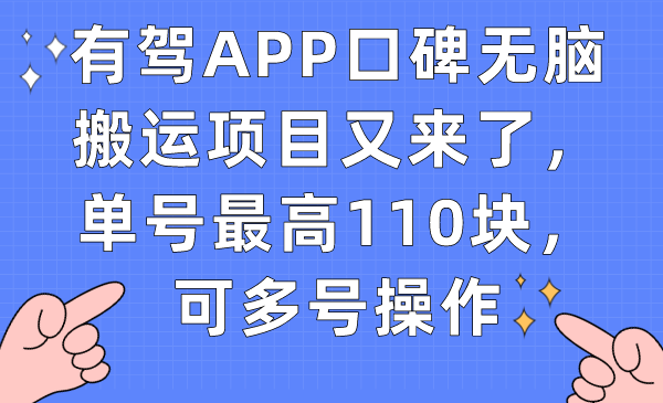 有驾APP口碑无脑搬运项目又来了，单号最高110块，可多号操作-主题库网创