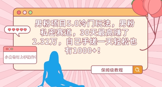 男粉项目5.0冷门玩法，男粉私密赛道，30天最高赚了2.32万，自己手搓一天轻松也有1000+-主题库网创