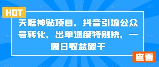 天涯神贴项目，抖音引流公众号转化，出单速度特别快，一周日收益破千-主题库网创